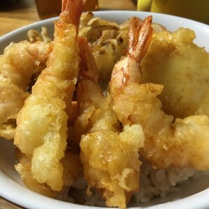 【甘めの丼つゆで】とろーり卵天付き、海老天丼